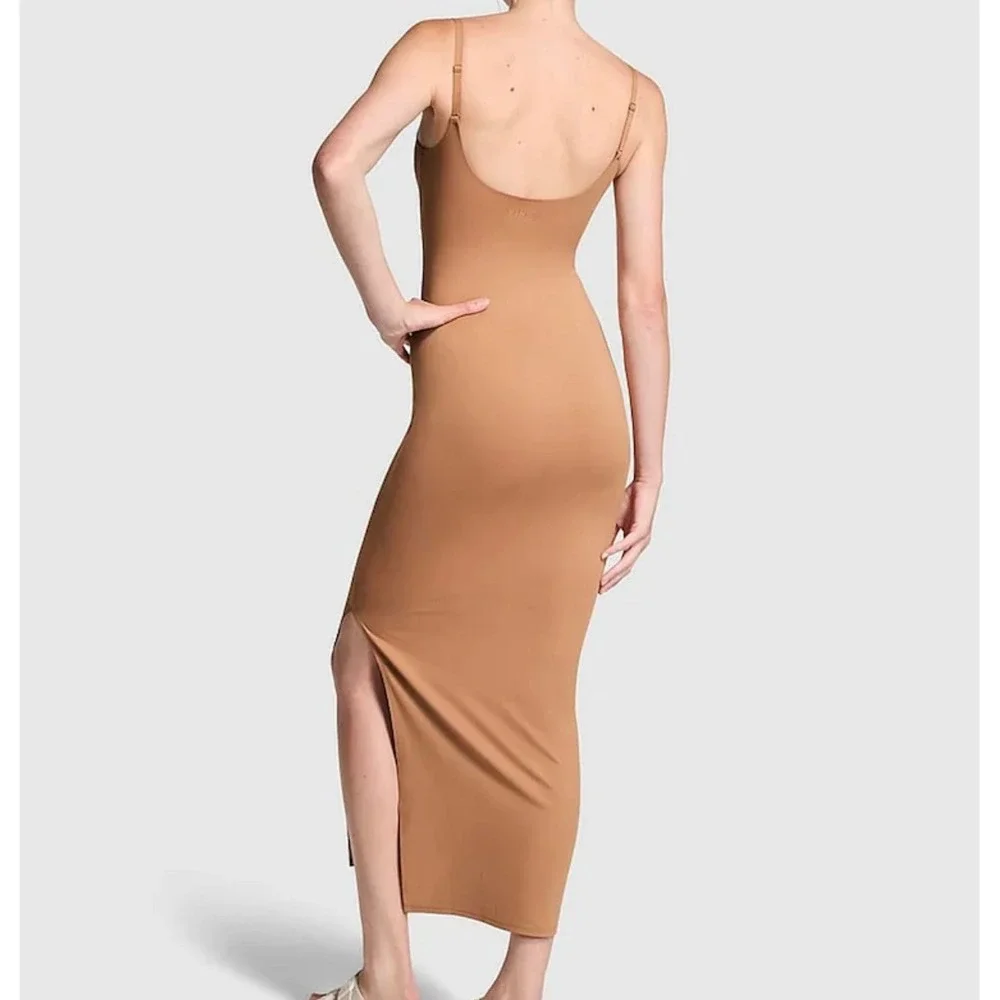 PINK Victoria's Secret Maxi Slip Dress Womens Medium Tan Camel Bodycon Stretch